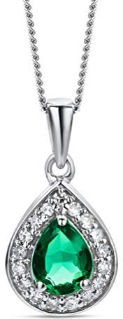 Orovi Schmuck Damen Tropfen Kette mit Ketttenanhänger Edelstein/Geburtsstein Smaragd in grün umgeben von 17 natürlichen Diamanten Brillanten 0.06 CT klassische Halskette aus Weißgold 9 Karat/375 Gold