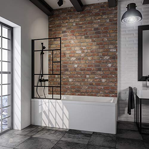 Schulte pare-baignoire 80 x 140 cm, profilé noir, montage gauche droite, écran 1 volet mobile pivotant pliant 180°, verre de sécurité 5 mm décor Atelier, joint d'étanchéité