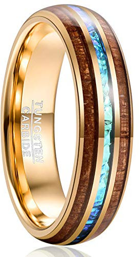 Vakki 6mm Ehering Männer Gold Ring Opal Wolframkarbid mit Koa Holz Modeschmuck für Heiraten Verlobungs Größe 70(22.3)