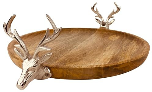 Caths Direct Round Wooden Cake Stand with Aluminium Stag Heads