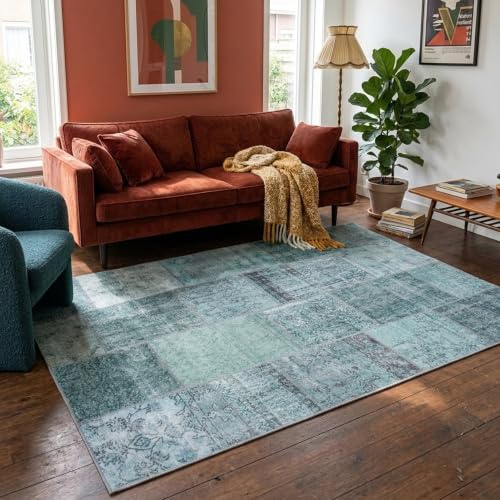 FRAAI | Home & Living Teppich Patchwork - Estate Blau Grün - 160x230 cm | Polyester - Flachgewebe - Patchwork - Klassik, Modern, Orientalisch - Wohnzimmer, Esszimmer, Schlafzimmer