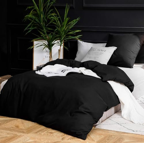 AYSW Bettwäsche gebürstet Microfaser 1 Bettbezug 200x220cm + 2 Kopfkissenbezug 80x80cm mit Reißverschluss Schwarz