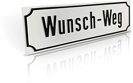 Betriebsausstattung24 Nostalgisches Straßenschild mit Wunschtext - Wegschild, Hausnummer - geprägtes Aluminiumschild mit Antiqua-Rand - 40,0 x 13,0 cm, Weiß mit schwarzer Schrift