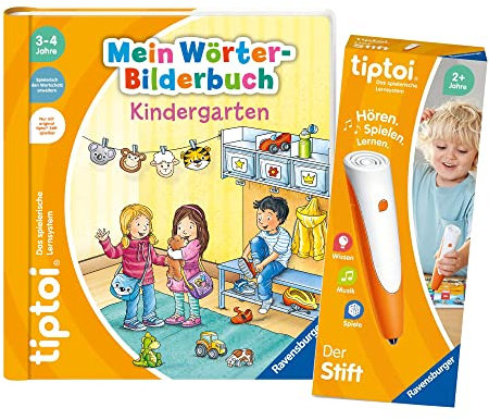 tiptoi Ravensburger Set: Mein Wörter-Bilderbuch | Kindergarten (Kinderbuch) + 00801 Der Stift - mit Aufnahmefunktion + 1x Create-Sticker