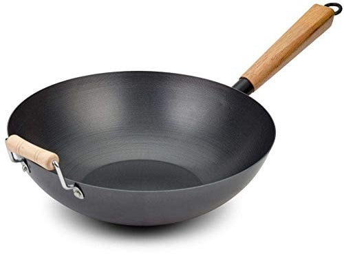 NAVA Wokpfanne Cantonese | Ø 32 cm | Kohlenstoffstahl | Wok Induktion Wokpfannen | Asiatischer Stil Pan Wok Pfanne | Antihaftbeschichtung | Holzgriff