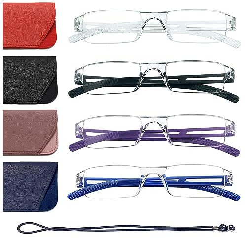 Hubeye 4 Paia Occhiali da lettura Ultraleggeri Montatura Trasparente Anti luce blu con Custodia in Pelle per Uomo e Donna 1.50