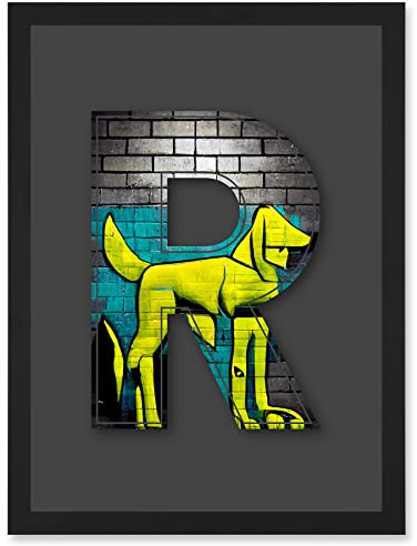 Wee Blue Coo Letter R Abstract Dog Yellow Decorative Graffiti Mural Alphabet Initial Stencil Artwork Framed Wall Art Print A4