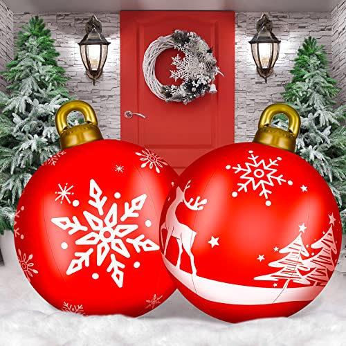 2 Stück 61 cm große große Weihnachtskugeln zum Aufblasen von Weihnachten, aufblasbar, riesig, Weihnachten, PVC, dekoriert, Ball für Weihnachten, Urlaub, drinnen und draußen (Elchmuster, rot, weiß)