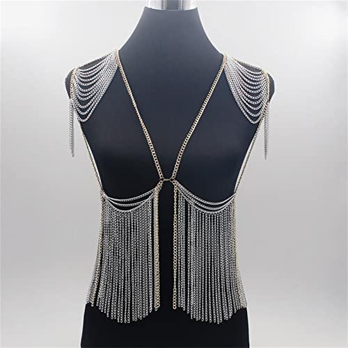 FAMoUsGoods Modeschmuck Lange Halfter Dessous Sexy Show Mädchen Schulter Halskette BH Kette Voller sexy Körper Schmuck Frauen-Geschenke (Metal Color : Silver Color)