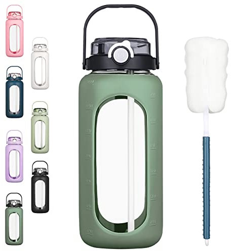 BLUEGO 2L Gourd en verre Avec paille Marqueur de temps Bouteille d'eau Motivation avec manchon en silicone 2 litres Grande carafe d'eau en Verre pour Gym, sports et entraînement, Olive