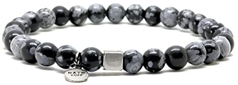 Nato Cuff - 925 Sterling Silber Armband - Obsidian-Schneeflocke Perlen Halbedelsteine ​- Herren und Damen schmuck Handgefertigt in Frankreich (Medium 17cm)