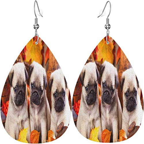 Mops-Hund-Leder-Ohrringe für Frauen, tropfenförmige Ohrringe, metallische Tropfen-Ohrringe
