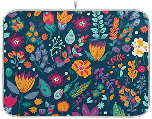 Tapete escurridor de platos de secado de flores florales azules vintage para encimera de cocina, escurridor de platos, tapete absorbente de cocina de 16 x 18 pulgadas