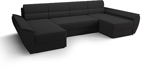 ALTDECOR Ecksofa mit Schlaffunktion und Bettkasten mit Gasdruckfeder, Polstercouch in U-Form, rückenecht gepolstert, ideal als Gästebett - 321x140x88 cm Schwarz
