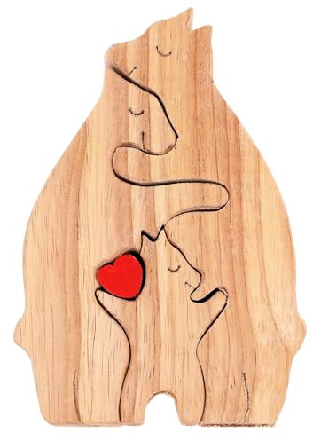 DIY Wooden Bear Family Puzzle, Family Name Heart Art Puzzle, Animal Jigsaws, Mothers Fathers Day, Bear Family of 3, Family Keepsake Gifts Wood Bear Sculptures Ornament Desk Decoration