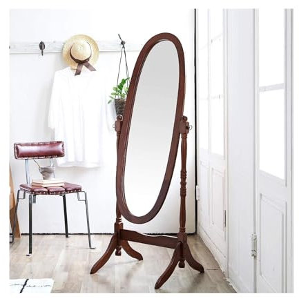 Standspiegel, Bodenspiegel, Holz, antiker Boden, freistehender Spiegel, traditioneller Stil, oval, klar, Ankleidespiegel, Schlafzimmer, Innenraum, Walnuss, Höhe 152,4 cm