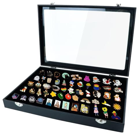 Qivine Medaillen Aufbewahrung, 35 x 24 x 5 cm Schwarz Samt Pin Vitrine mit Klar Acryl Fenster, Holz Anstecknadel Anzeige Schattenbox Schaukasten für Pins Abzeichen Brosche