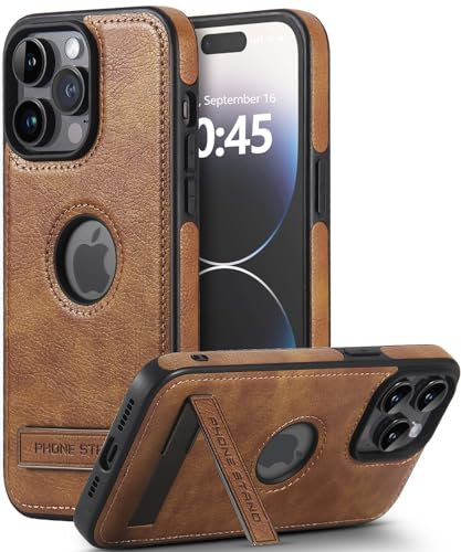 Custodia in Pelle per iPhone 15 Pro Max con Cavalletto, Supporto Invisibile Incorporato, Pelle Vegana Sottile Logo View Classico LussoThin Cover Protettiva Antiurto per iPhone 15 Pro Max(Marrone)