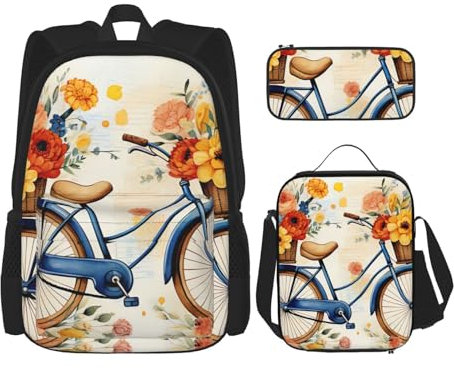 OUSIKA 3 Pcs Flower Bicycle Print Backpack Sets Casual Daypack with Lunch Box Pencil Case for Women Men