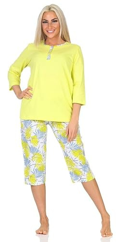 Normann Wunderbarer Damen Kurzarm Pyjama mit Caprihose in floralem Print - auch in Übergrössen, Farbe:grün, Größe:36-38