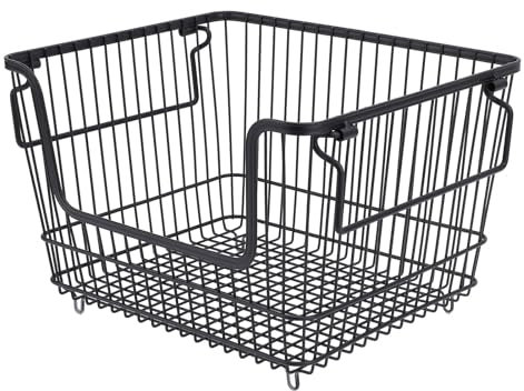 13in Wire Stackable Freezer Organizer Bins, Metal Wire Kitchen Pantry Storage Bins Chest, Open Front Freezer Baskets with Handles, Set of 4, for Home Kitchen, Living Room, Bedroom