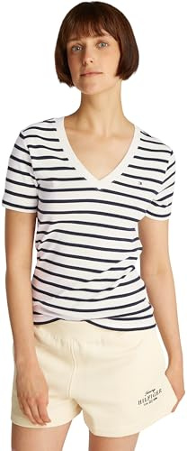 Tommy Hilfiger Camiseta de Manga Corta Mujer New Slim Cody con Cuello de Pico, Multicolor (Breton Dark Night Navy STP), XXS