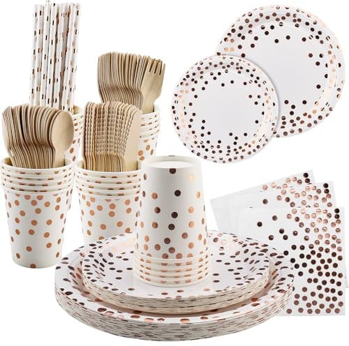 Vexillic Partygeschirr, 200 Stück Pappteller Set, Papier Geschirr Set Partyzubehör Einschließlich Messer Holz Gabel Löffel Teller Becher Servietten für 25 Gäste (Roségold Punkt)