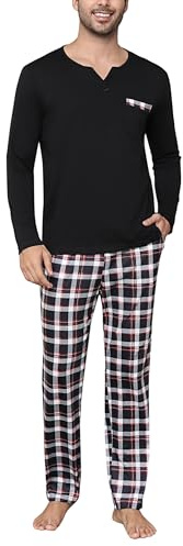 Bresdk Schlafanzug Herren Pyjama Set Lang Baumwolle mit 2 Knöpfen Zweiteilige Nachtwäsche