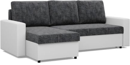 Mebligo - Luna Ecksofa, Schlafsofa mit Liegefunktion 140x231 nach Links oder rechts - 2 Container - Bonellfedern - dunkelgrau und weiß.