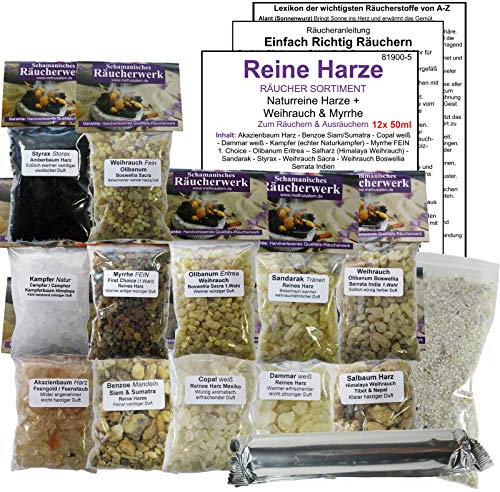 12 x Reine HARZE zum räuchern a 50ml (600ml) 16-TLG RÄUCHERSORTIMENT mit WEIHRAUCH, MYRRHE, Dammar, KOPALHARZ, Styrax, BENZOE, SAL UVM. Mit Kohle, Anleitung, 4 x ZUBEHÖR 81900-5