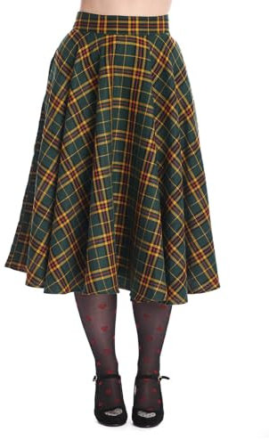 Banned Retro Tellerrock Highland Green Swing Skirt Karo Kariert Tartan Grün, Größe:S