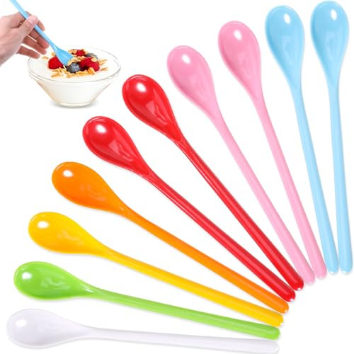 SIWOKJJO 10 Stück Plastiklöffel Lang, Bunte Löffel Plastik, Lange Eierlöffel Kunststoff, Marmeladenlöffel, Joghurtlöffel, Wiederverwendbar Teelöffel (19cm)