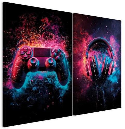 murando - Wandbilder XXL Set Gamepad und Kopfhörer 120x90cm 2 Teilig je 60x90cm Collage 2er Leinwandbild Groß Wanddeko Wohnzimmer Wanddekoration - Bunte Farbe Geschenk für Zocker i-H-10015-b-a