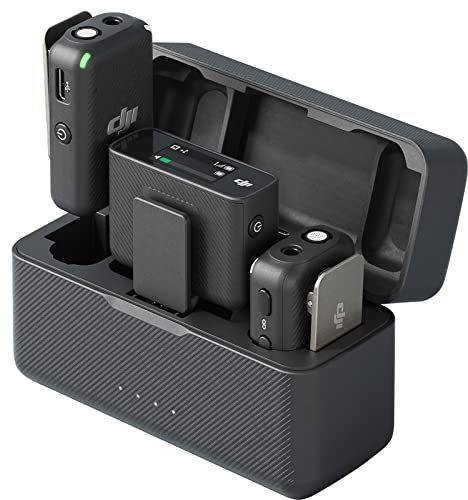 DJI Mic (2 TX + 1 RX + Charging Case), Range, 15-Hour Battery, Noise Cancellation Wireless Microphone for PC, iPhone, Record Interview, YouTube, Black (Renewed)