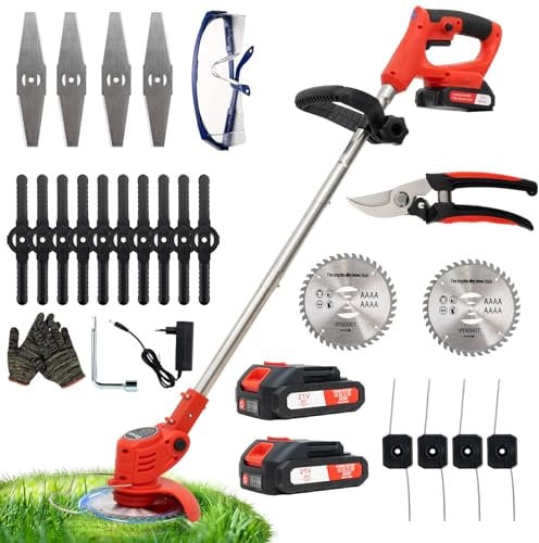 Akku Rasentrimmer Akkurasenmäher, 2 Akkus 21V und 4 Messertypen, Akku Freischneider Elektrischer Elektro Trimmer Gartenkantenfräser für Garden