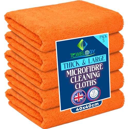 Towelogy Heavy Duty Microfibre Cleaning Cloths for Home All Purpose - Larger, Thicker, More Absorbent Cleaning Cloth - 100% Lint Free Micro Fibre Cloths for Kitchen, Bathroom and Car (5, Orange)