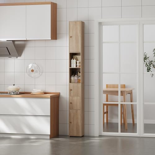 Menaka Slim Bathroom Floor Cabinet Tall Wood Cupboard for Unit Storage Freestanding with Door and Shelves(180cm walnut cabinet)