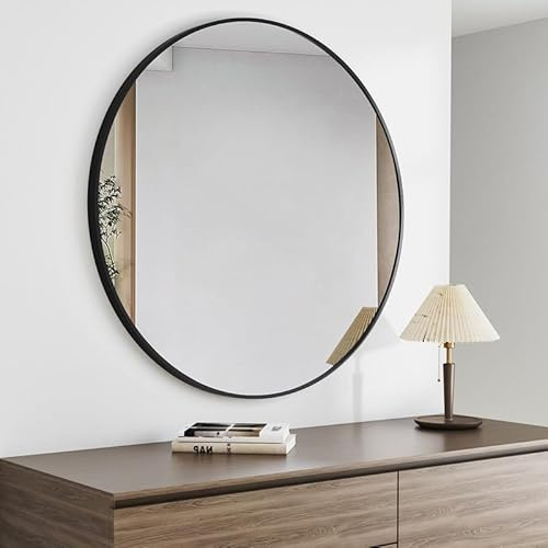 Goezes Wandspiegel 100 cm Rund Schwarz Spiegel, 100cm Wandspiegel mit Schwarz Rahmen Runder Badspiegel Schminkspiegel, ideal für Badezimmer, Waschraum, Schlafzimmer, Wohnzimmer