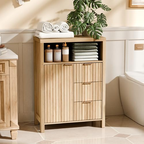 Bonnlo Meuble de Rangement, Armoire de Rangement en Bois avec 1 Compartiment Ouvert, Meuble sur Pied avec 4 Tiroirs, Commode pour Cuisine, Entrée, Salle de Bain, Chêne, 59 x 30 x 81 cm