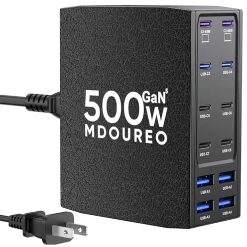 420W USB C Charger Block, 12-Port USB C Charging Station for Multiple Devices, Leather Texture Dual PD 65W Laptop Fast Charger Compatible with MacBook Pro/Air, iPad, iPhone,Galaxy and More, Black