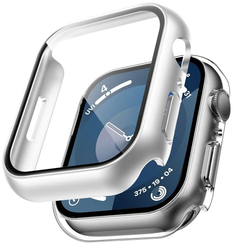 TAURI 2 Pack Funda Apple Watch 45mm Serie 9/8/7, Ultra Delgada PC Funda+Cristal Templado 9H, Protección Completa,Resistente a arañazos Protector Pantalla - Plata + Transparente