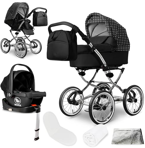 Bergsteiger Venedig Nostalgie Kombikinderwagen 4-in-1 Isofix Station | Komplettes Reisesystem ab Geburt mit i-size Babyschale 14 Zoll Luftreifen Rahmenfederung verstellbarem Griff und Zubehör