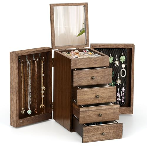 AFAjwsc Schmuckkästchen holz für Damen 5 Ebenen, große Schmuckkasten mit 4 Schubladen, Schmuckbox mit Spiegel, Schmuckaufbewahrung für Ringe, Ohrringe, Halskette, Uhren, Armbänder