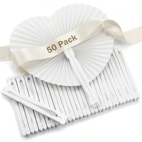 Woobroo 50 Pack White Heart Shaped Folding Fans - Elegant Paper Hand Fans for Wedding Favours, Summer Garden Parties & Church Ceremonies - Portable Guest Cooling Decoration