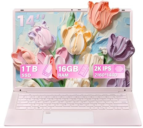 Fsjun 14.1'' Pink Laptop, 16GB DDR4 RAM, 1TB SSD, N150 Processor up to 3.6 GHz, 2K (2160 × 1440) IPS Display, Webcam, WiFi, Backlit Keyboard, 6000 mAh Battery, Portable Student Notebook