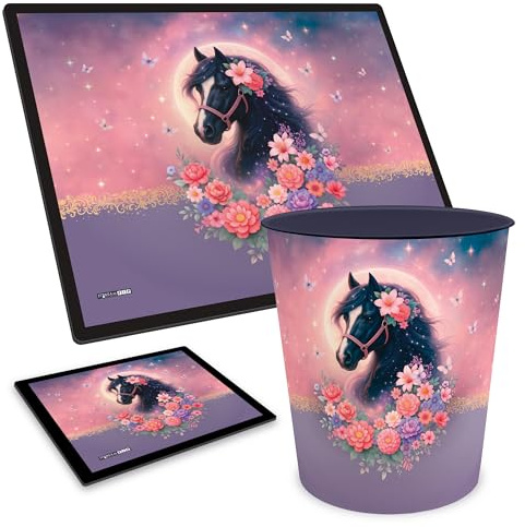 itenga Pferd Schreibtisch-Set 3-teilig mit Motiv für Kinder Schreibunterlage 40x53 cm + Mauspad 21x18 cm + Papierkorb 11 L – verschiedene Designs für Kinderzimmer & Schule (Pferd BELLA)