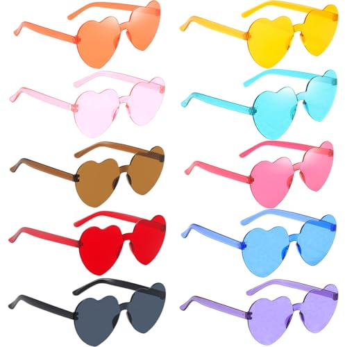 Bangbobi 10 Stück Herz Sonnenbrille Set, Partybrillen & Herzbrille für Festival Deko, Bunte Party Gadgets ohne Rahmen als Herzform Sonnenbrille für Hochzeit und Sommer