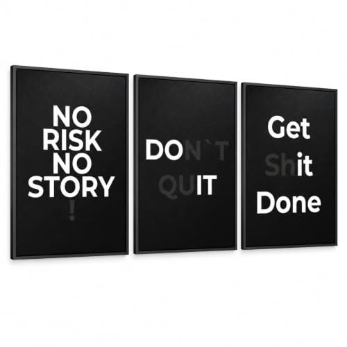 CLEAN SPORTS Motivations Poster 3er Set Din A1 Schwarz Weiß – NO RISK NO STORY, DONT QUIT, GET SHIT DONE – Büro Deko für Startup, Unternehmer, Homeoffice & Fitnessraum – Ohne Rahmen