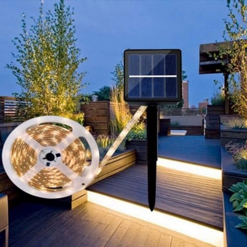 Teramo led Tira LED solar para exterior impermeable IP65 tira LED luz cálida 3000 K flexible para jardín, terraza, balcón, cenador, camino, decoración (5 metros)