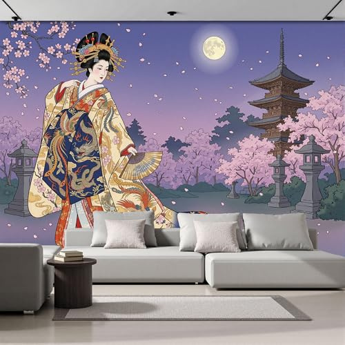 MIATCENRT Wall Mural Cherry Blossom Tree Geisha 250x175cm Photo Wallpaper, Japan Ukiyo-E 3D Print Silk Fabric Large Poster Mural for Living Room Bedroom TV Sofa Background Family Wall Decor